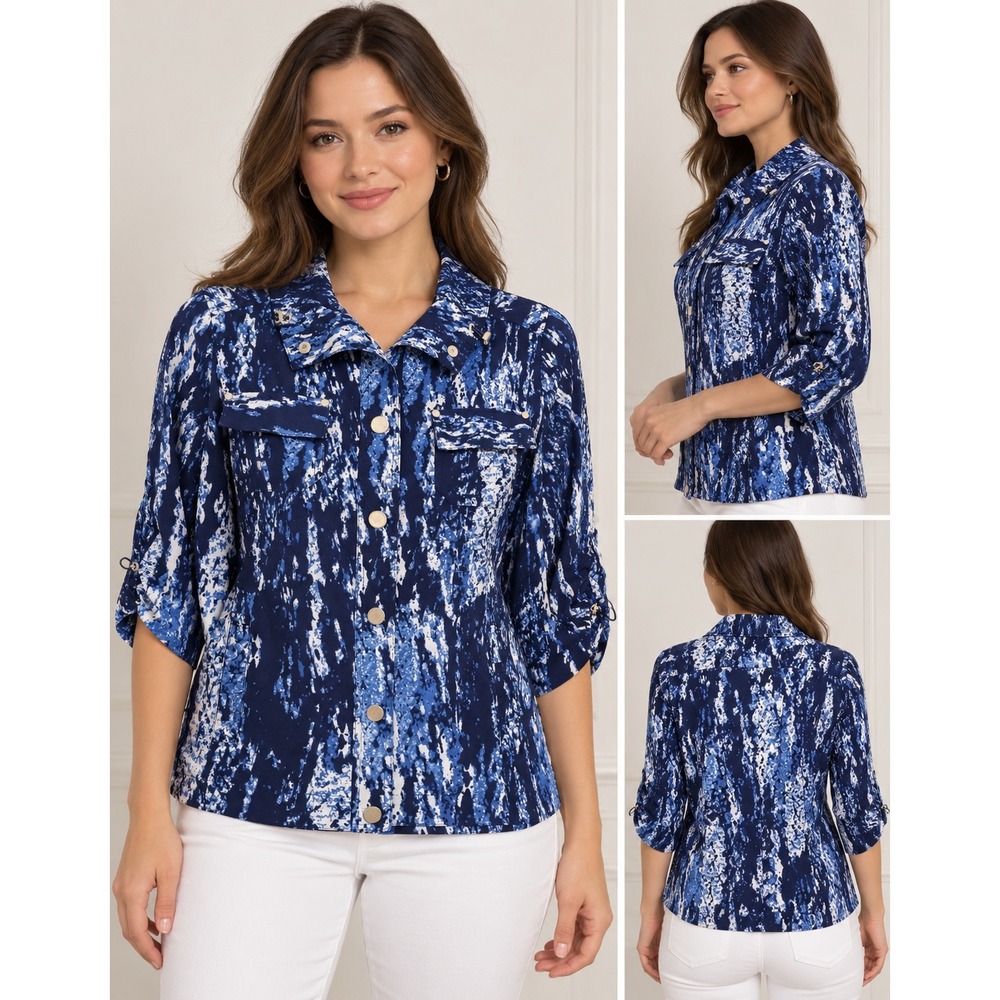 Chicos Zenergy Blue White Abstract Print Button Front Jacket 3/4 Sleeve Size 0